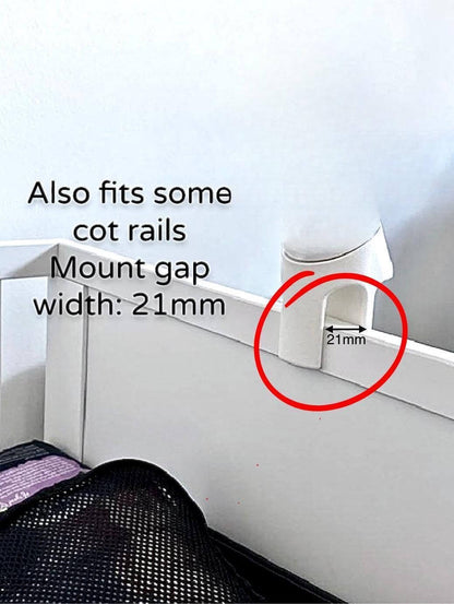 Infant Optics Baby Monitor Snoo & Cot Mount | DXR-8 + DXR-8 Pro showing 21mm mount gap for cot rails