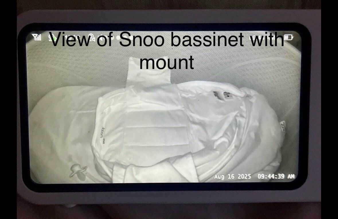 View of Snoo bassinet with Babysense Baby Monitor Snoo & Cot Mount | HDS2TX installed, showcasing no-drill installation.