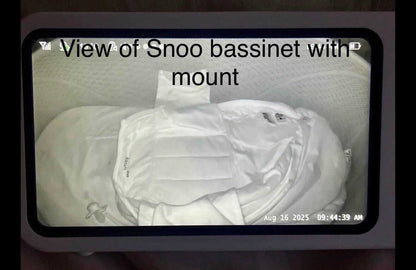 View of Snoo bassinet with Babysense Baby Monitor Snoo & Cot Mount | HDS2TX installed, showcasing no-drill installation.