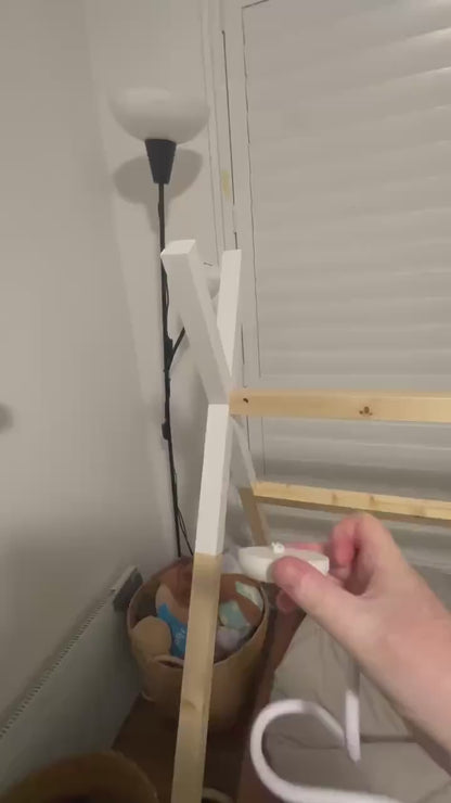 Eufy Baby Monitor Mount Adapter | E210 | 1/4" Thread attached to cot mount with lamp and wooden frame in background.
