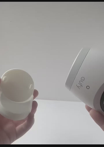 Eufy Baby Monitor Shelf Mount | Angled | E21 & E20 with a camera and mount holder in hands, demonstrating installation.